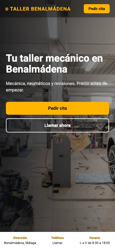 La web de un taller mecánico de Benalmádena vista en un móvil