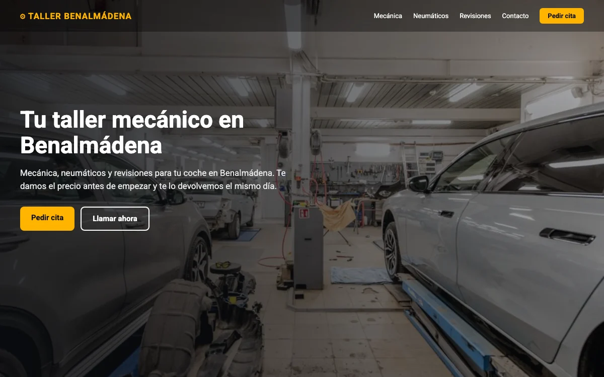 Página de inicio de la web de un taller mecánico de Benalmádena analizada en la auditoría SEO