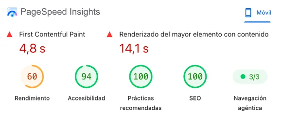 PageSpeed Insights en móvil de la web de un taller mecánico de Benalmádena, con rendimiento 60, primera carga en 4,8s y contenido principal en 14,1s