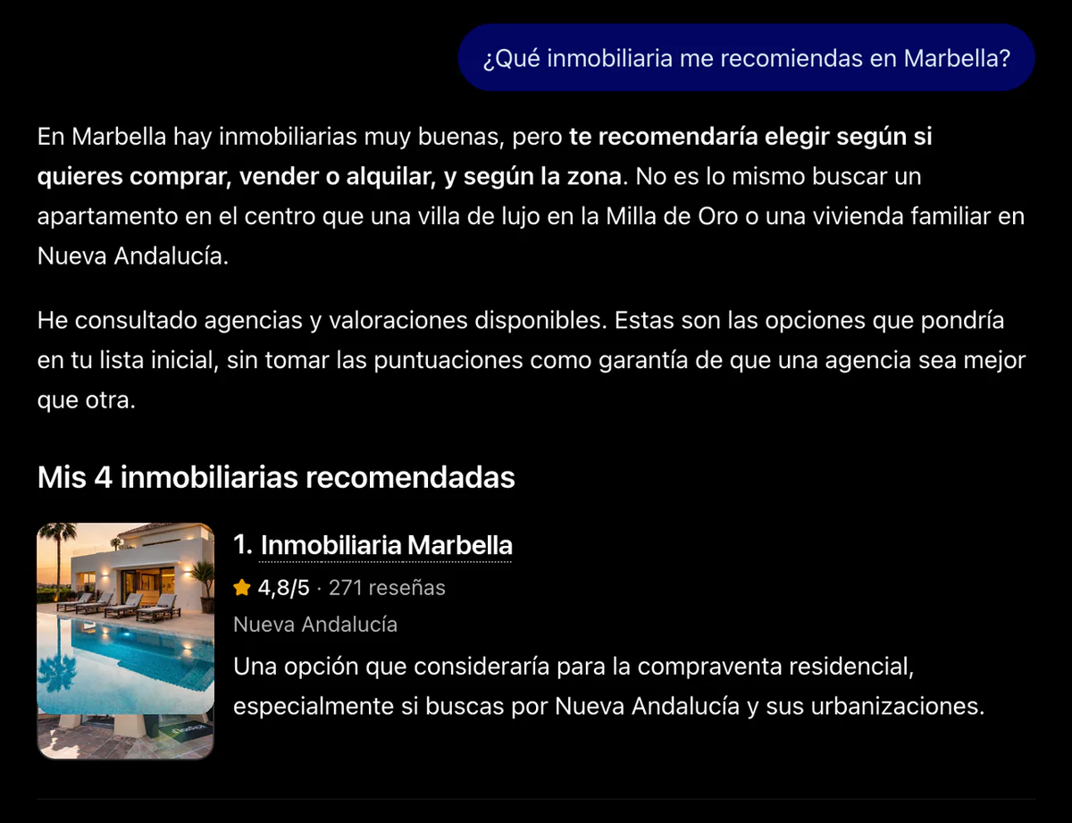 Respuesta de ChatGPT a la pregunta de qué inmobiliaria recomienda en Marbella, con nuestro cliente el primero, 4,8 sobre 5 y 271 reseñas