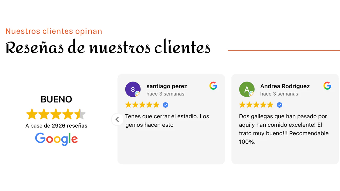 Reseñas de Google de clientes de un restaurante de Marbella, mostradas en su propia web, cada una en el idioma de quien la escribe