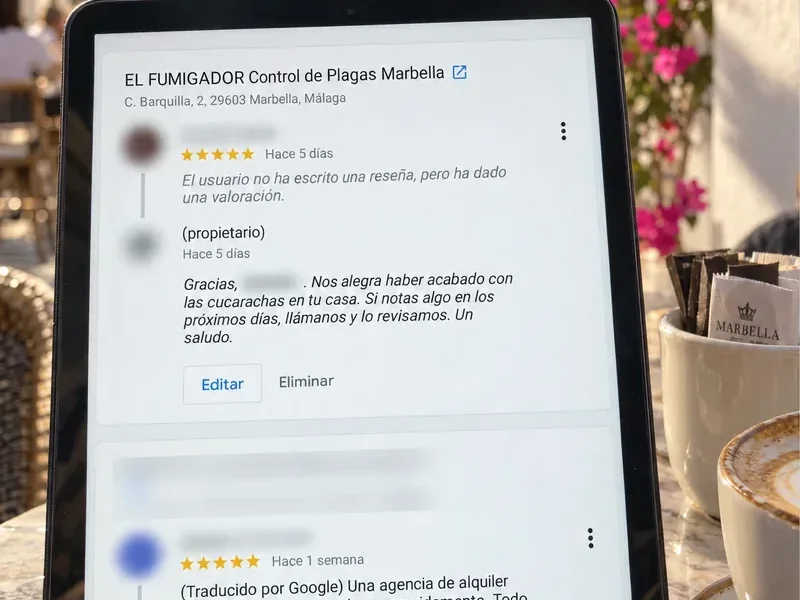 Respuesta del propietario a una reseña de cinco estrellas en el perfil de Google de una empresa de control de plagas de Marbella, con los botones Editar y Eliminar