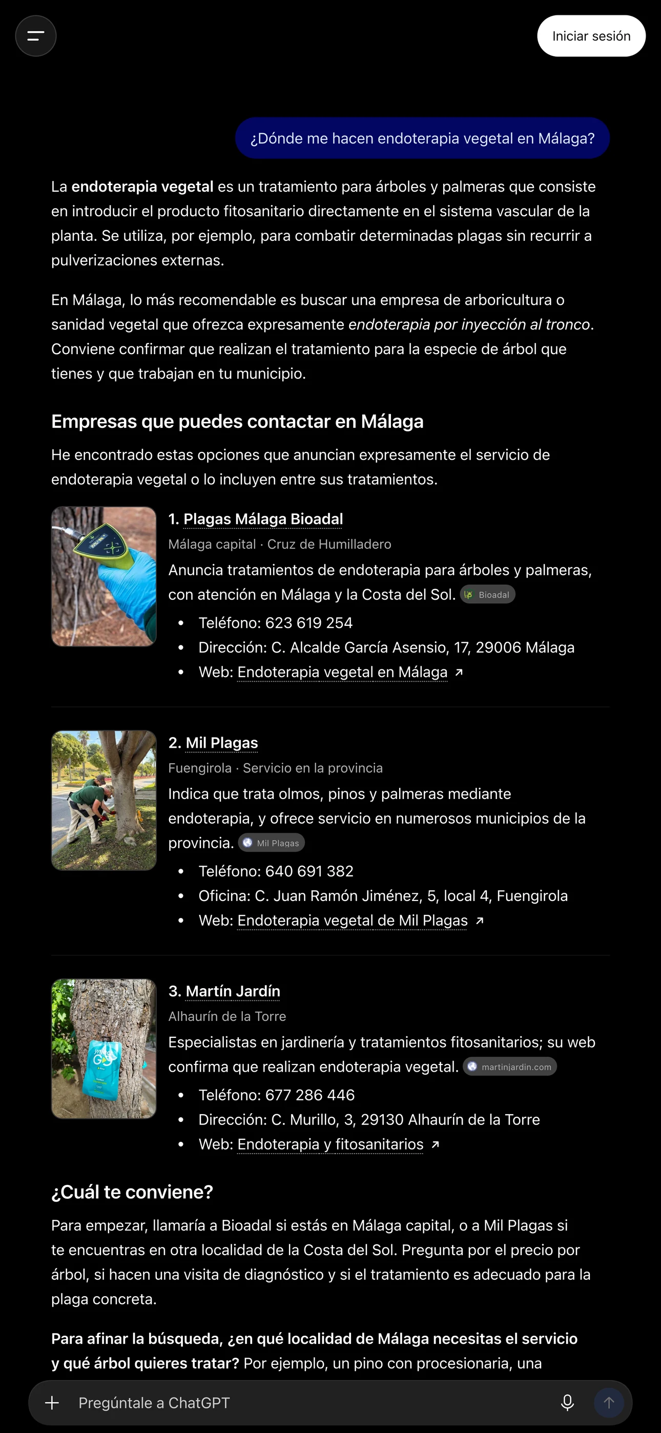 En el móvil, ChatGPT pone primero a Plagas Málaga Bioadal para endoterapia vegetal en Málaga