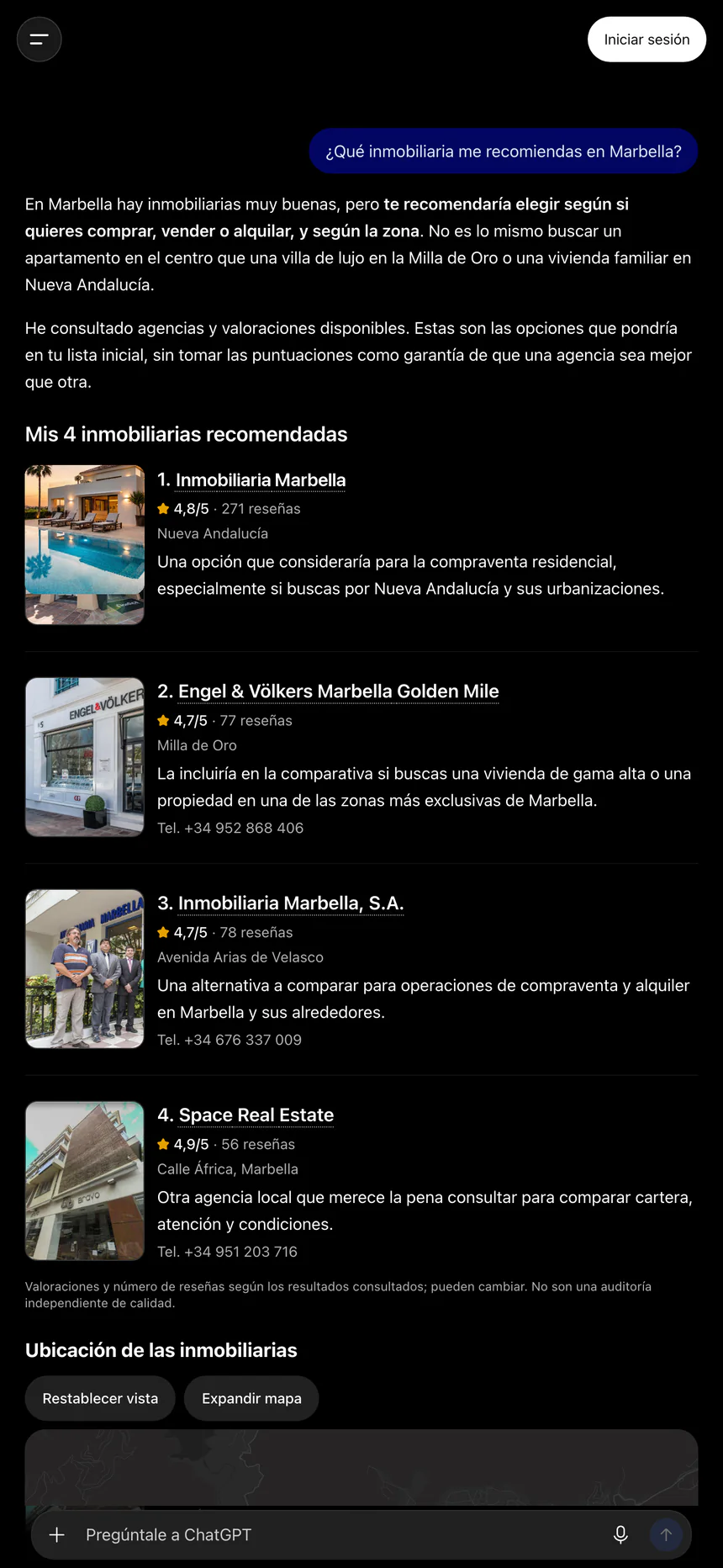 ChatGPT en el móvil recomienda primero a nuestro cliente como mejor inmobiliaria en Marbella