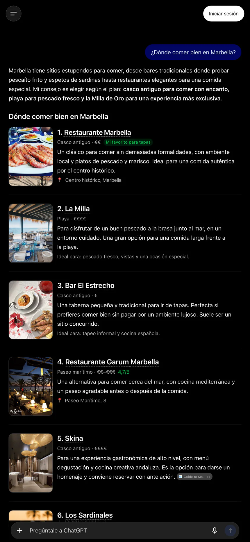 ChatGPT en el móvil recomienda primero a nuestro cliente para saber dónde comer en Marbella