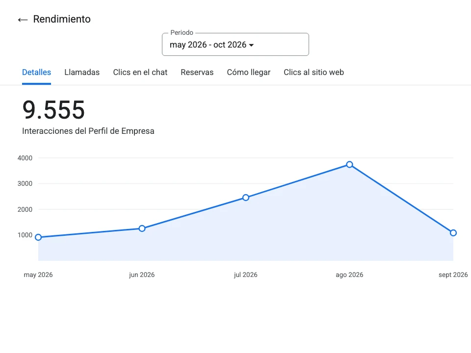 Rendimiento de cada mes del Perfil de Empresa de Google de una clínica estética en Marbella, con llamadas, citas y clics a la web