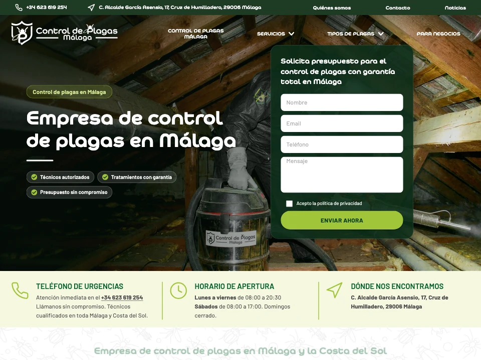 Inicio de la web de Control de Plagas Málaga