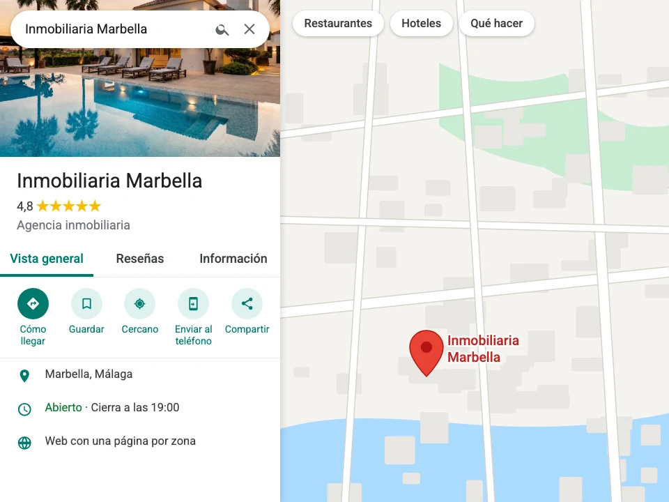 Perfil de Google en Maps de una inmobiliaria en Marbella, completo y con 4,8 estrellas