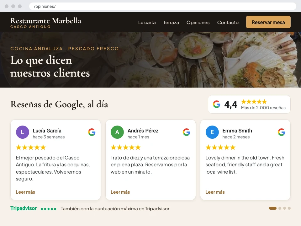 Reseñas de Google y Tripadvisor al día en la web de un restaurante de Marbella