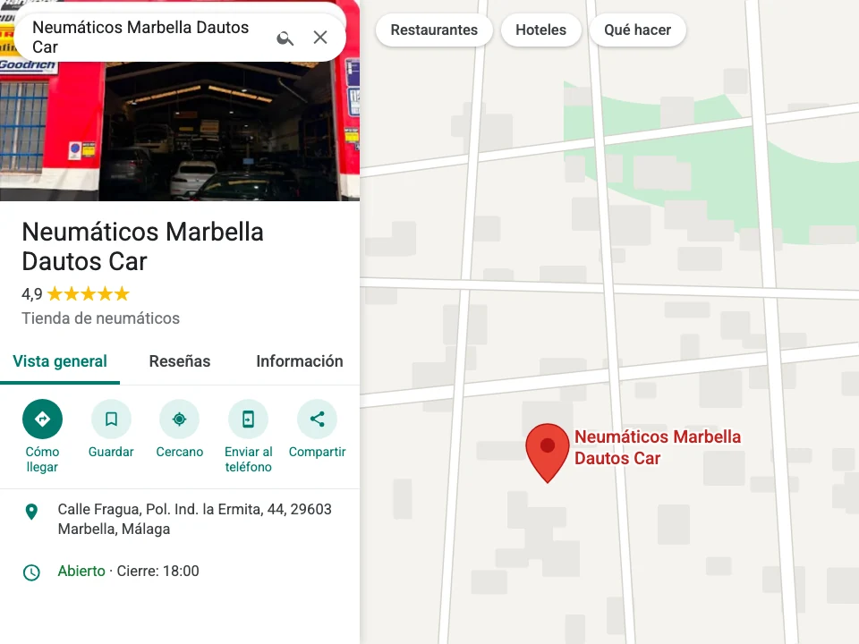 Ficha de Google Maps de Neumáticos Marbella Dautos Car con 4,9 estrellas en Marbella