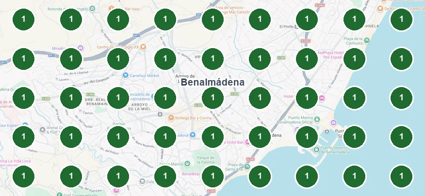 Medición en Google Maps hecha en Benalmádena, con el negocio primero en los 81 puntos