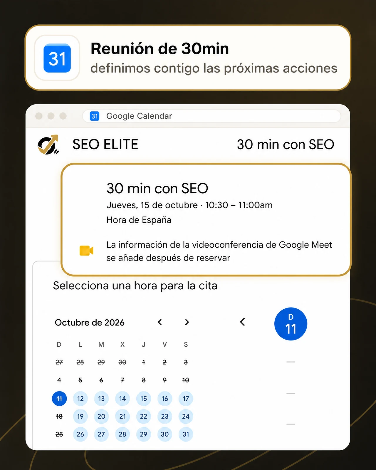 Página de Google Calendar para reservar la reunión de 30min con Elite SEO