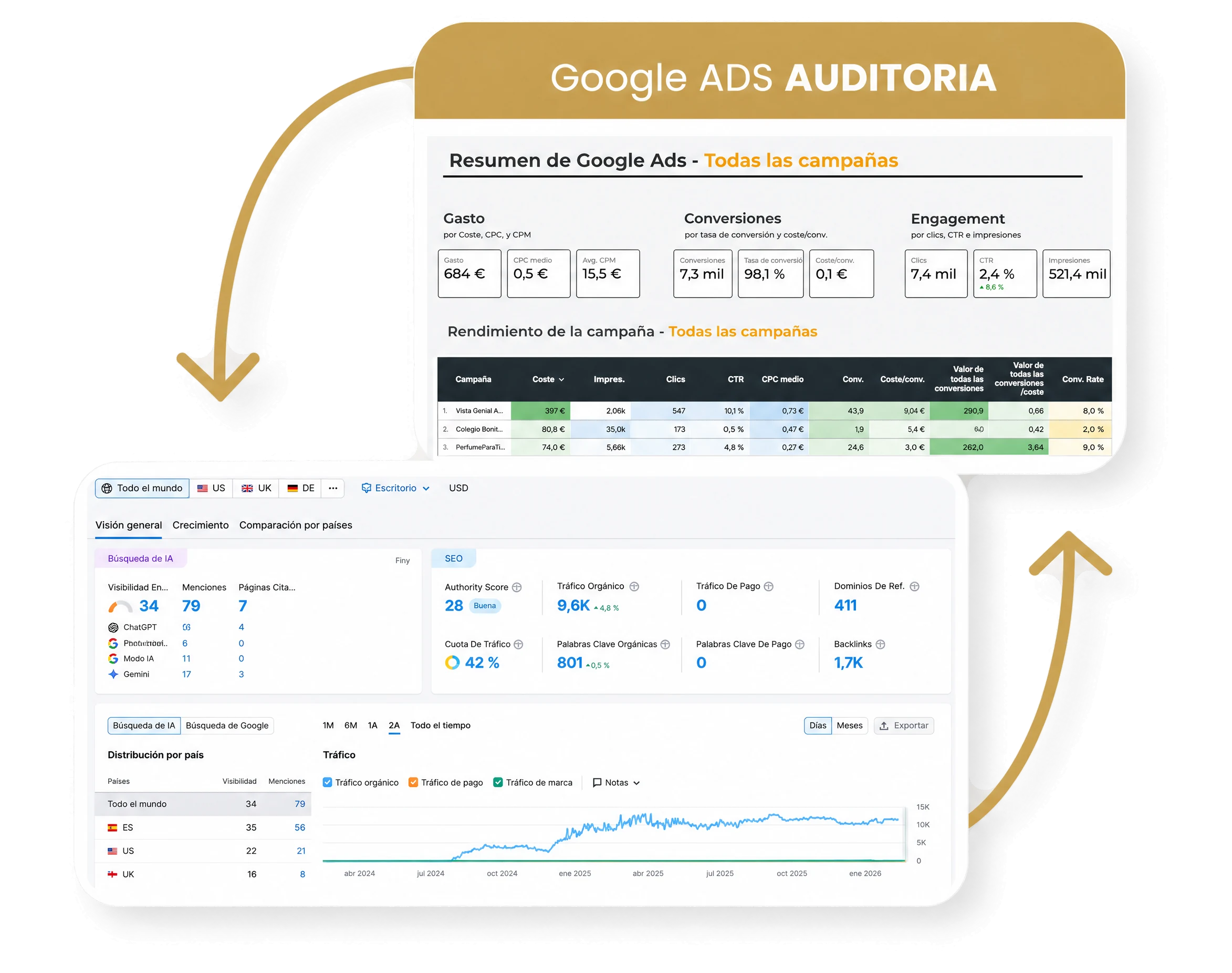 Panel de visibilidad orgánica y auditoría de Google Ads de uno de nuestros clientes