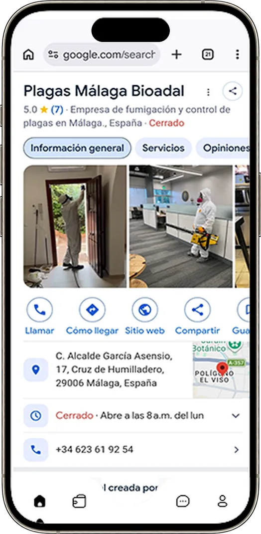 Captura real de la ficha de Google de un cliente de control de plagas en Málaga, en el móvil
