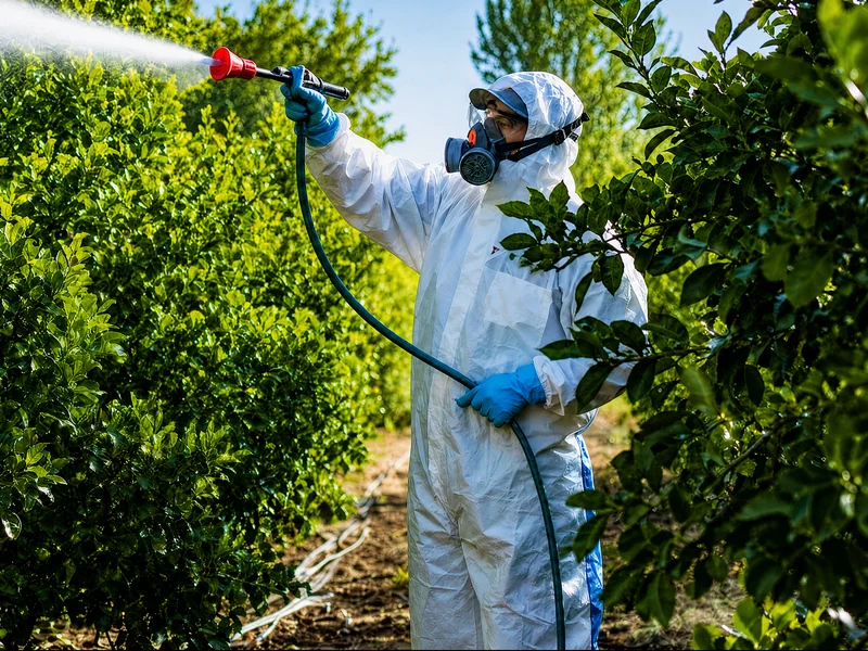 Técnico de control de plagas fumigando un seto con traje y máscara, inversión en SEO local en Benalmádena