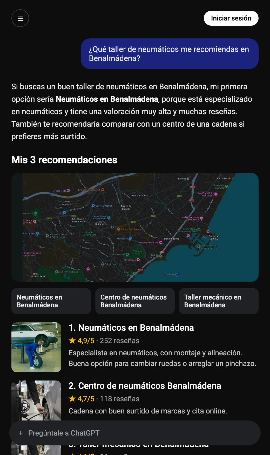 SEO para IA en Benalmádena, ChatGPT nombrando negocios locales