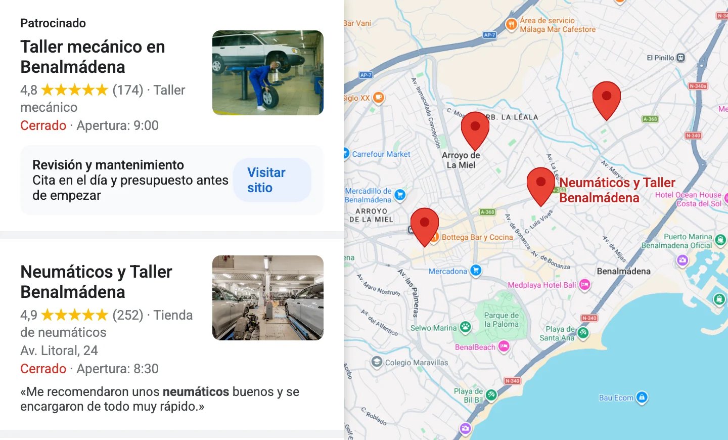 Búsqueda real de neumáticos en Google Maps hecha en Marbella, con un anuncio patrocinado arriba y Neumáticos Marbella Dautos Car el primero